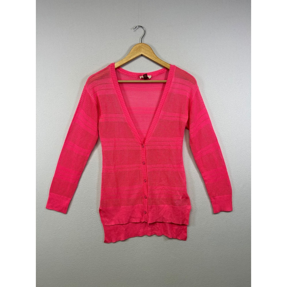Neon Barbiecore LEI Juniors Small Pink Open Knit V-Neck Button Front Cardigan
